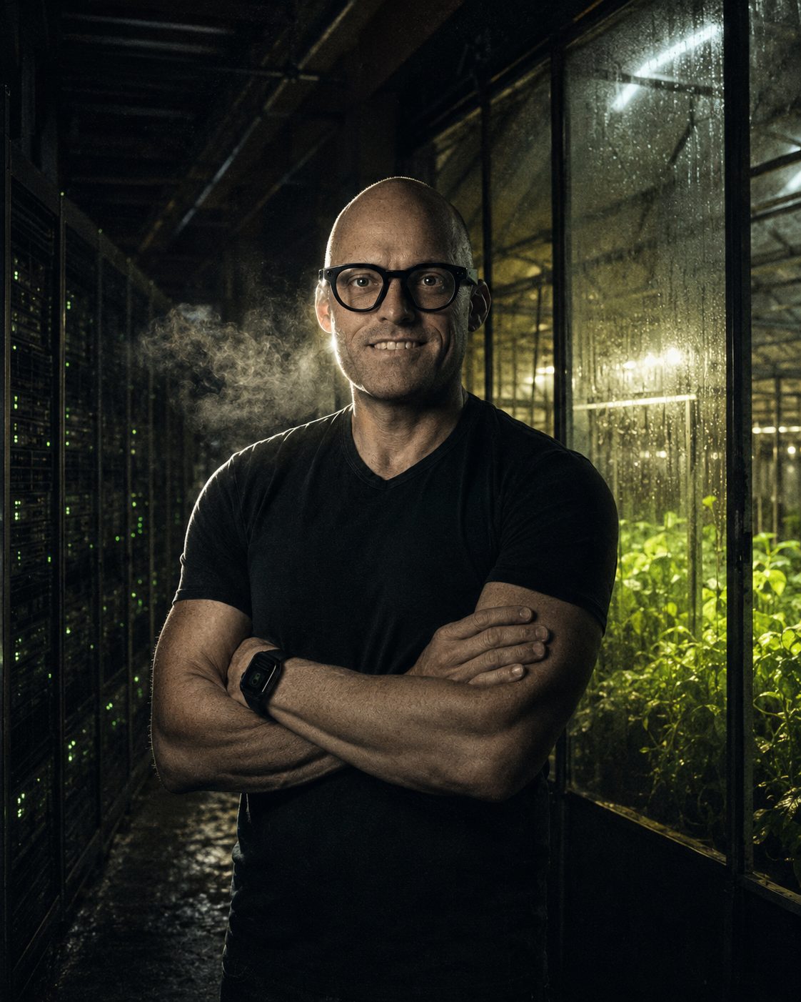 Shawn Cutter standing between data-center infrastructure and greenhouse crops