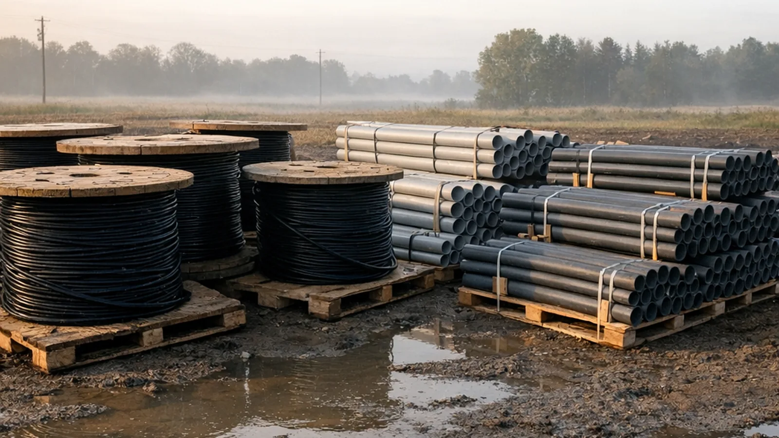 Wooden spools of fiber optic cable and stacked electrical conduit staged at a rural laydown yard.