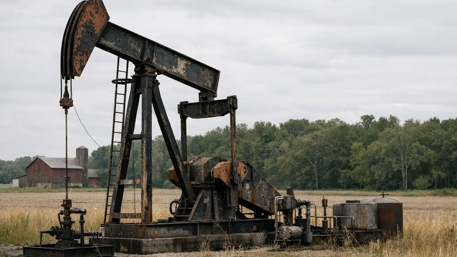 A working oil pumpjack in an Ohio farm field under overcast afternoon light.