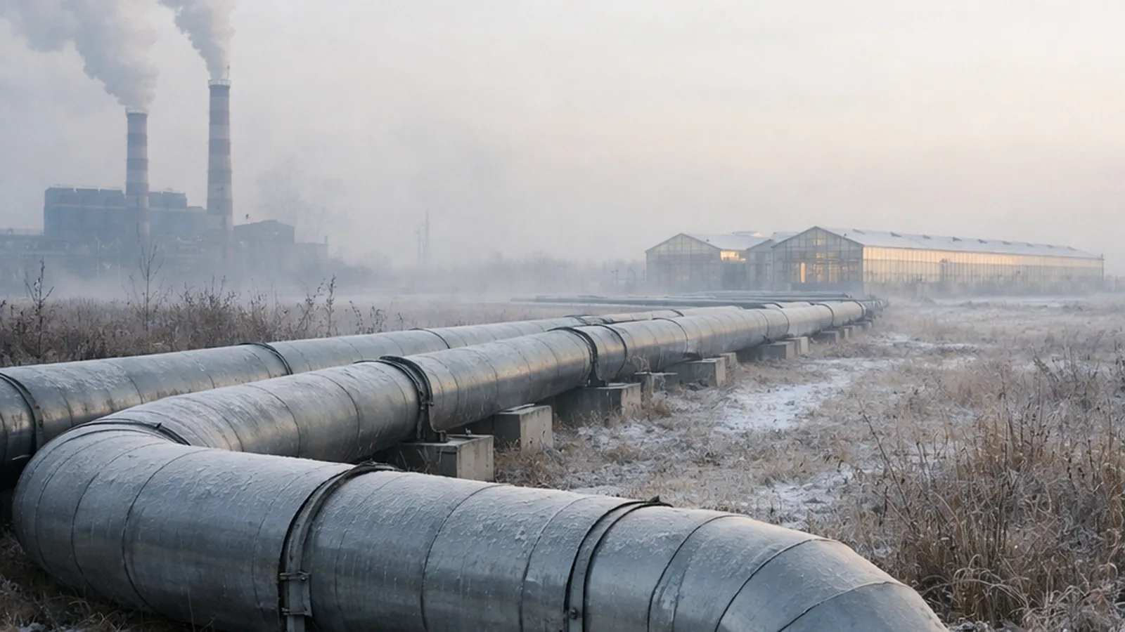 Large insulated pipes running from a power plant across the ground toward a distant greenhouse.
